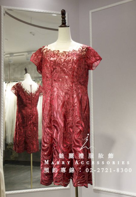 M221系列珊瑚刺繡薄紗紅色大尺碼禮服-媽媽短禮服-晚宴短禮服-賓客大尺碼小禮服